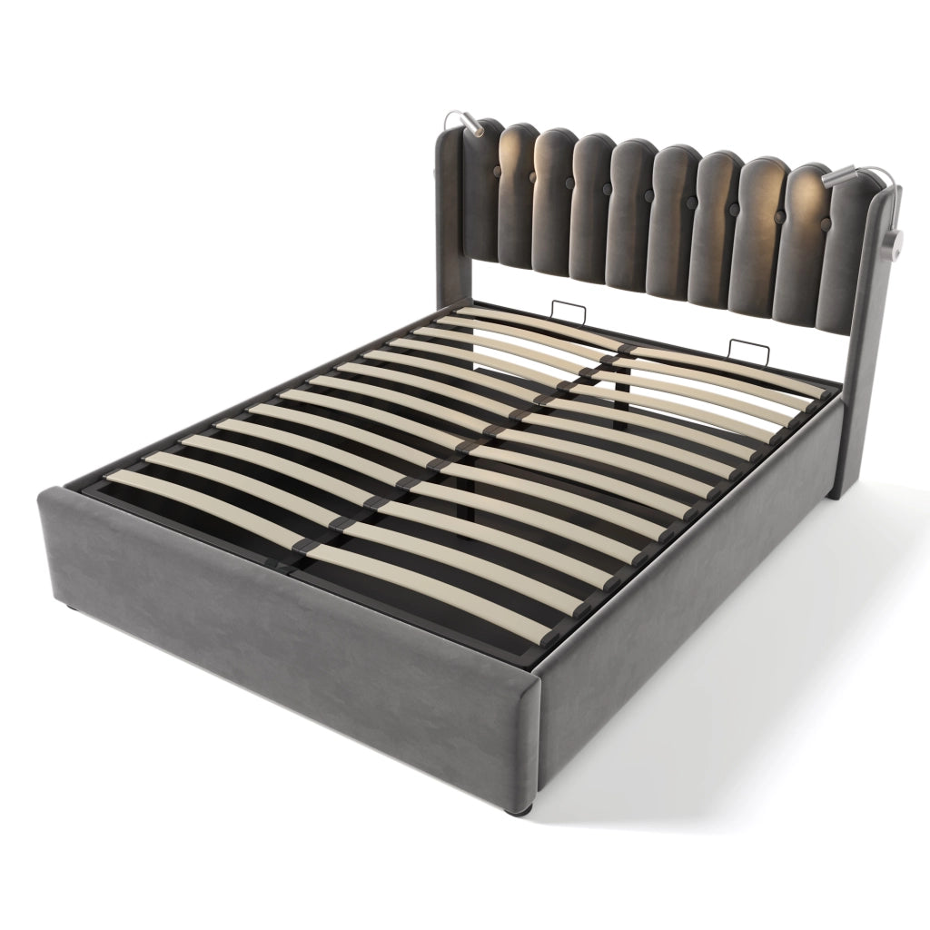 Letto contenitore matrimoniale 140×200 cm con luce da lettura, USB e vano sollevabile, materasso incluso, velluto grigio
