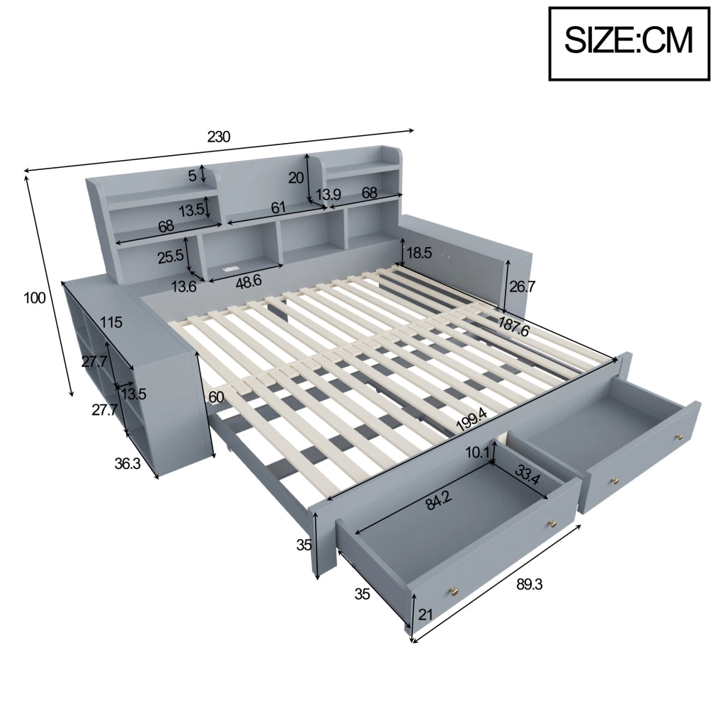 Divano letto estraibile 90x200/180x200 cm con cassetti, LED e prese in compensato e MDF grigio