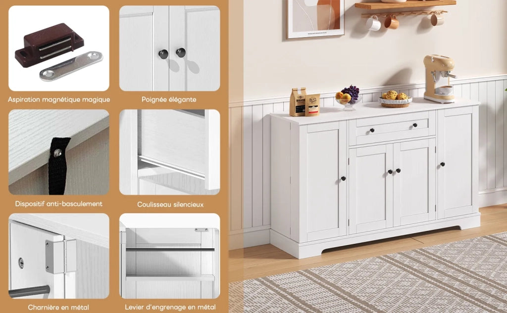 Credenza multifunzione 138 cm con cassetto, ante a scaffale e ripiani regolabili. Design moderno con protezione anti-ribaltamento per cucina, soggiorno e camera