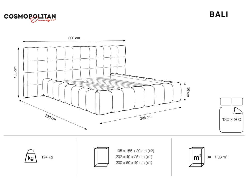 Cosmopolitan Design - Letto a cassettone con testiera doppia "Bali" 180x200cm in velluto azzurro 