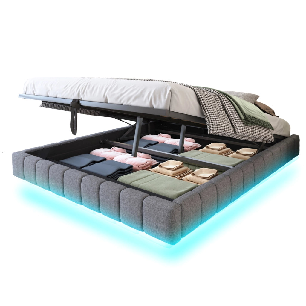 Letto matrimoniale imbottito 180x200 cm con contenitore, LED, effetto sospeso, grigio