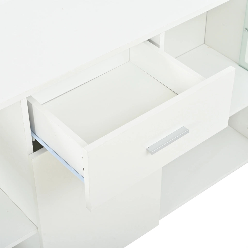 Madia per soggiorno con 3 ante cassetto vetro di sicurezza e LED MDF bianco lucido 140 × 33 × 70 cm