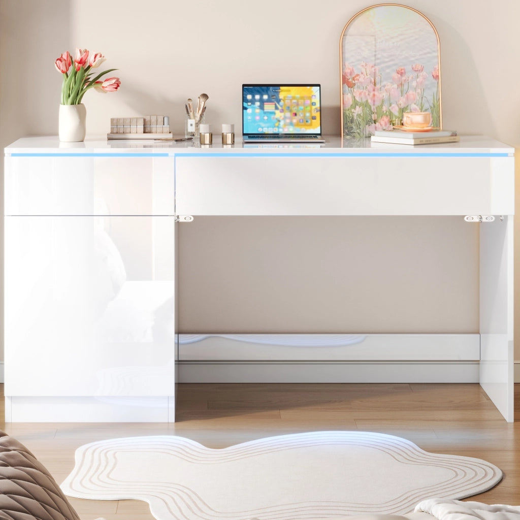 Scrivania con LED due cassetti e vano con anta in truciolare bianco lucido per home office 120 × 50 × 78 cm