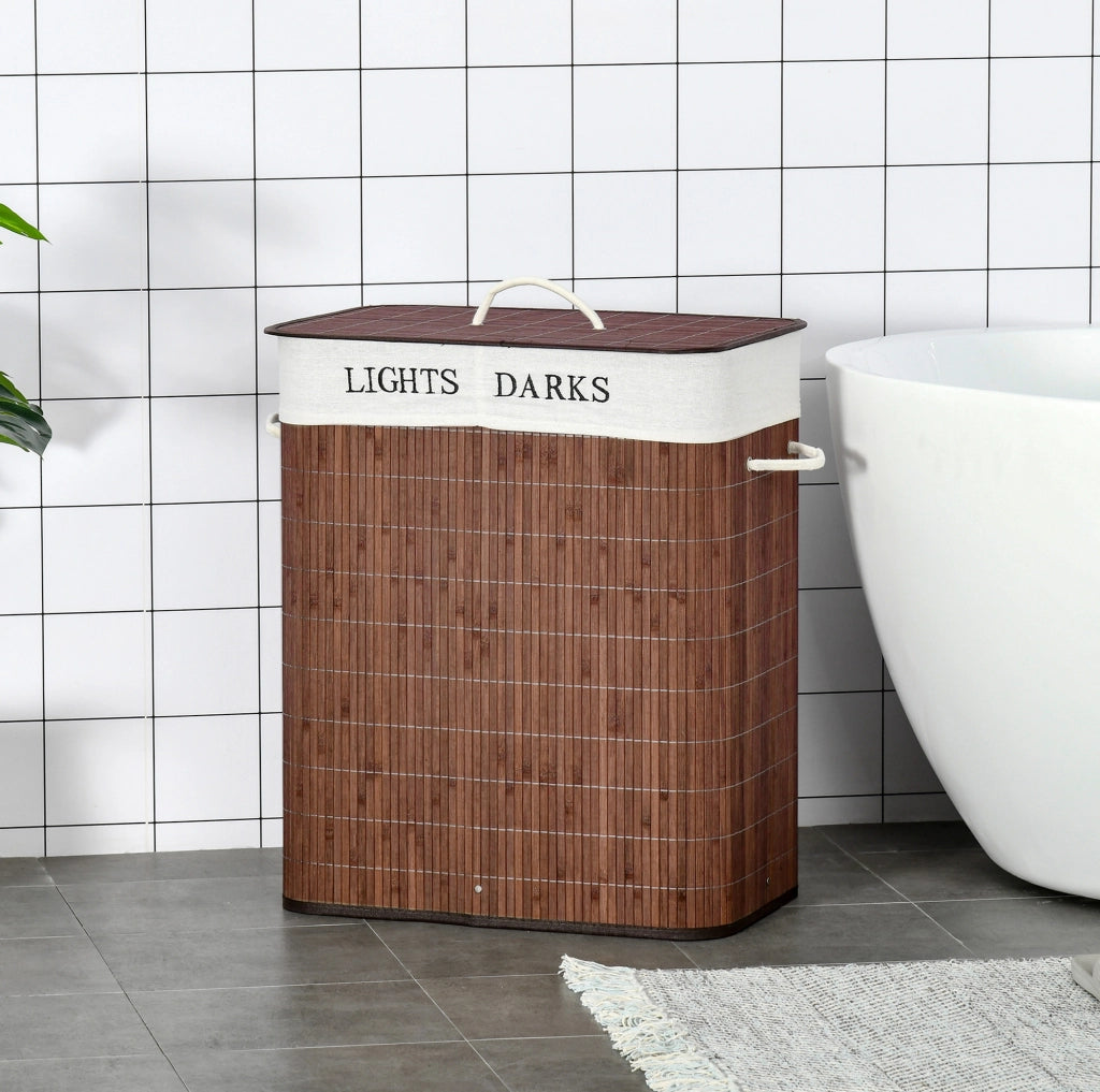 Cesto porta biancheria 100L con 3 maniglie, fodera staccabile e lavabile, struttura in bambù, cotone e metallo, 52x32x63 cm, marrone e bianco