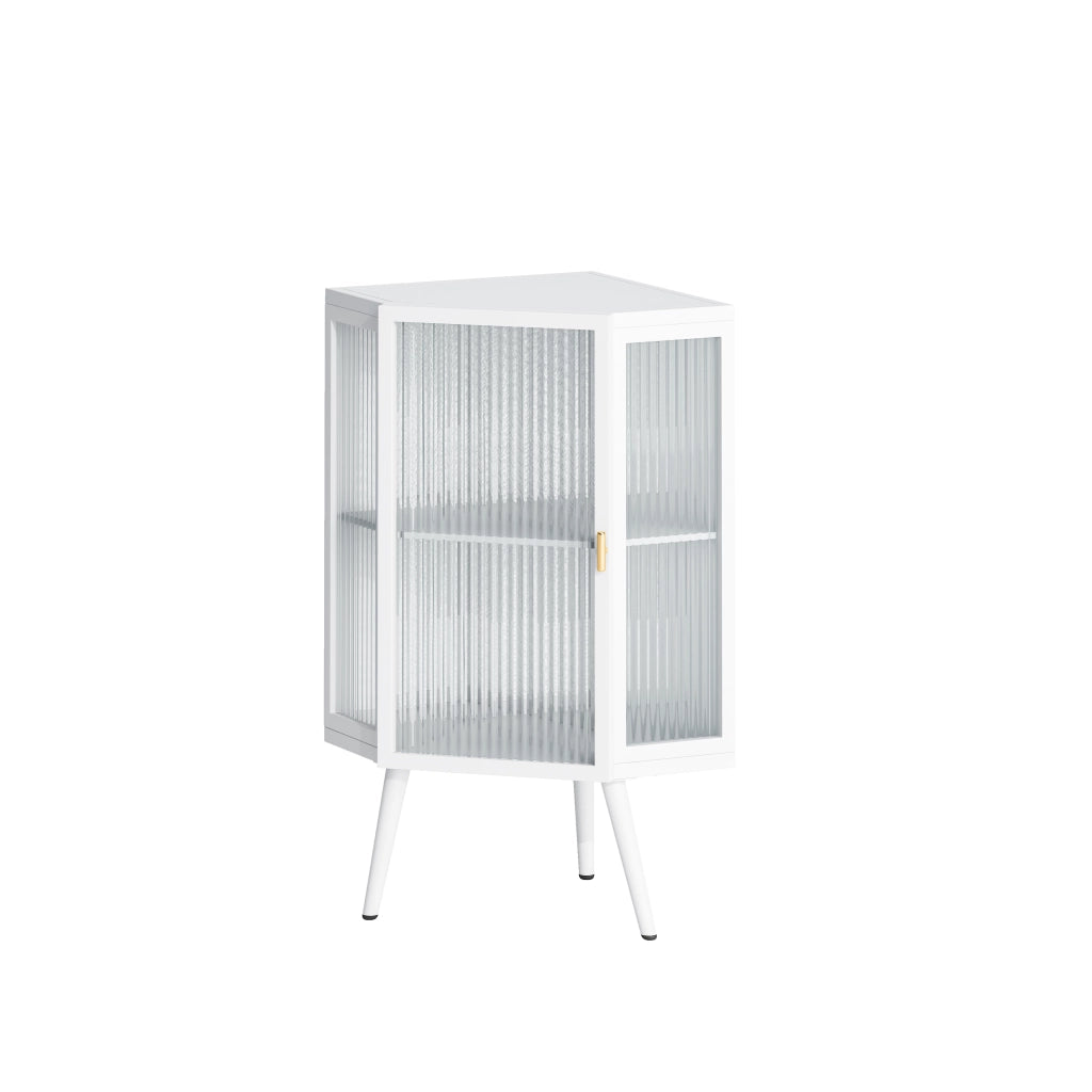 Armadio angolare da terra 80 cm, bianco, 2 livelli con ante in vetro temperato e ripiani, per bagno, soggiorno e camera