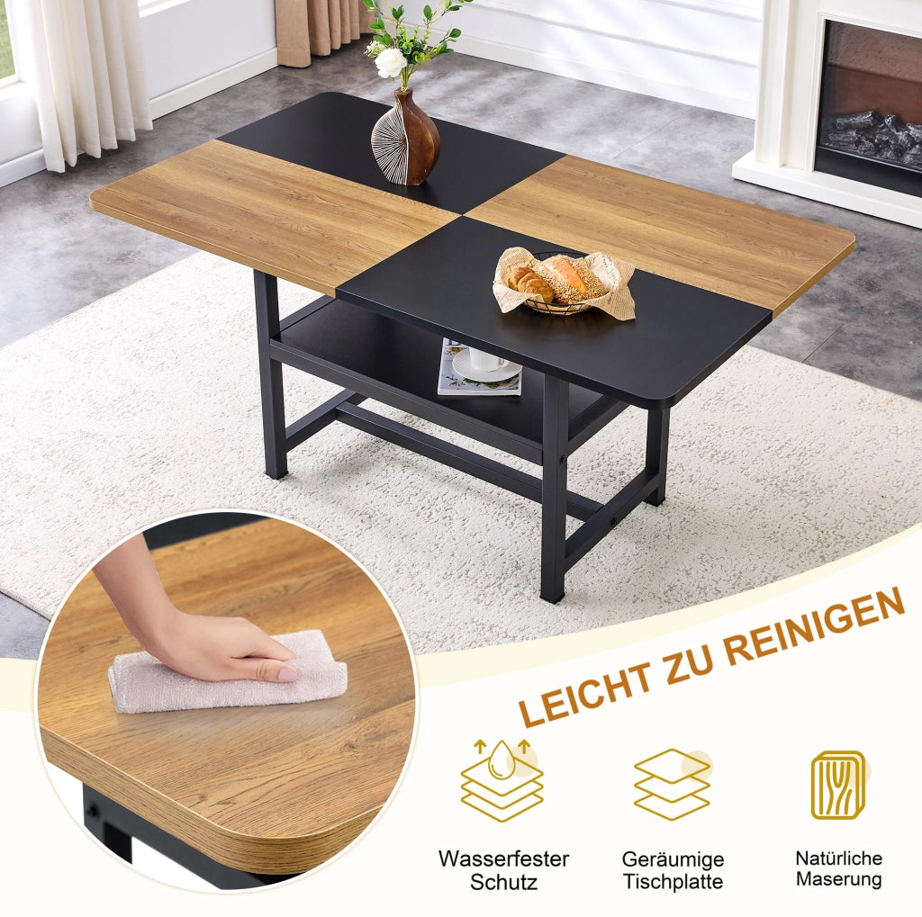 Tavolo da pranzo rettangolare 160 cm per 4-6 persone con ripiano; MDF e metallo nero/legno