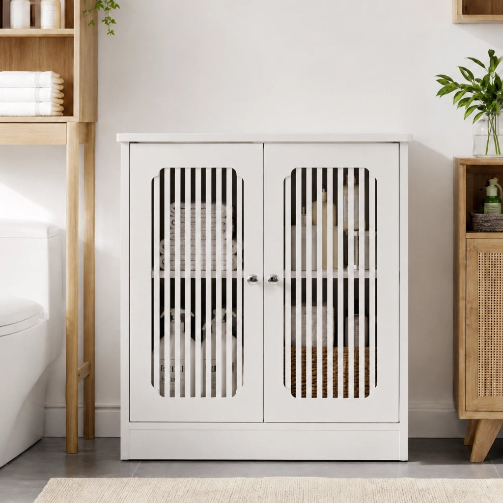 Mobile sottolavabo con 2 ante a lamelle e ripiano regolabile, bianco, per bagno e lavanderia, in MDF e truciolare