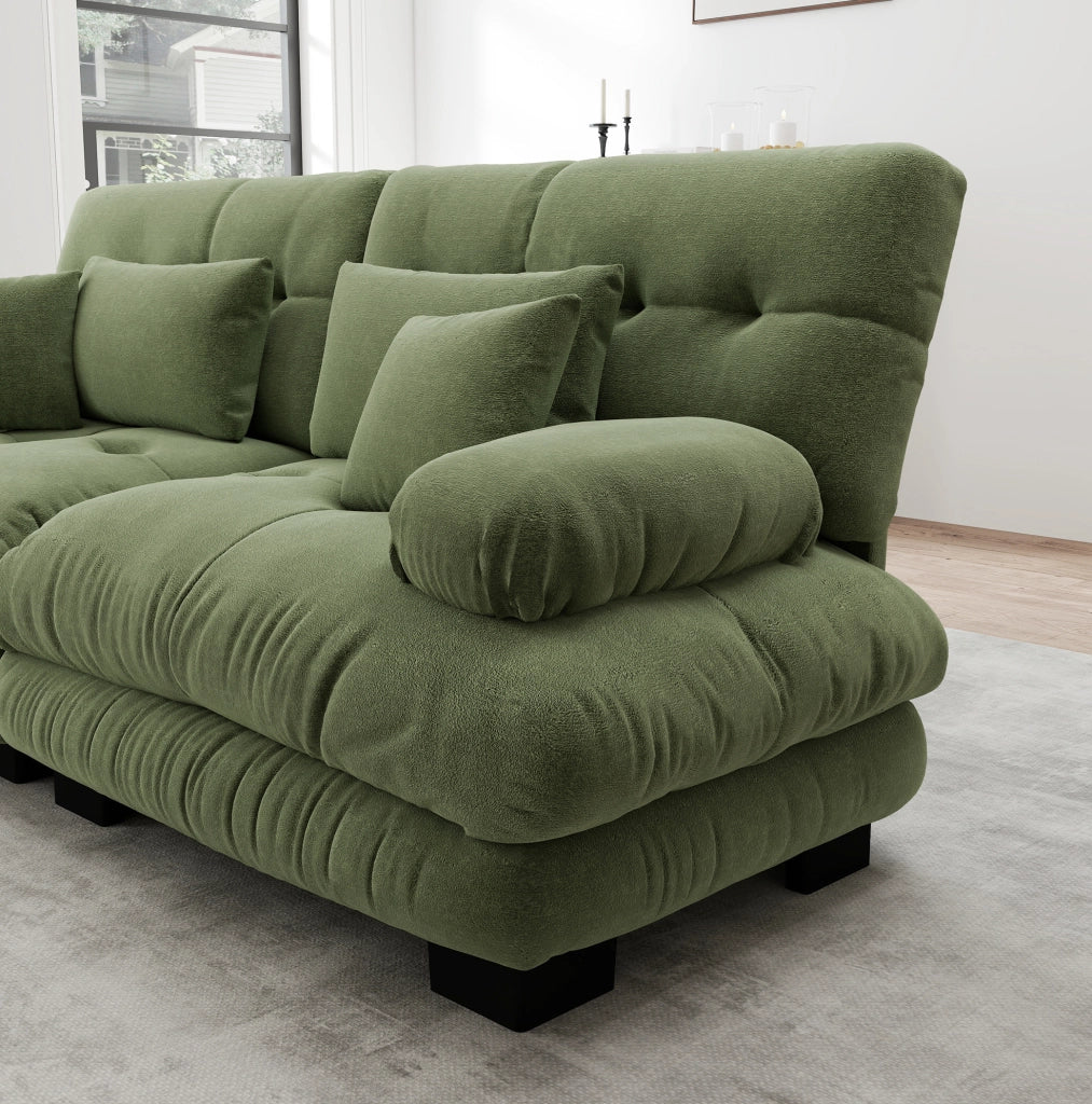 Sofà modulare ad angolo a U 4 posti in chenille verde con pouf mobili