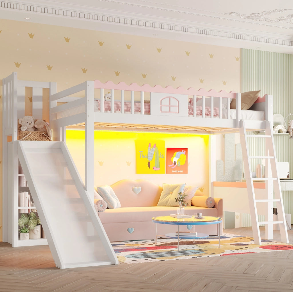 Letto a soppalco per bambini 90 x 200 cm con scivolo, LED e ripiani