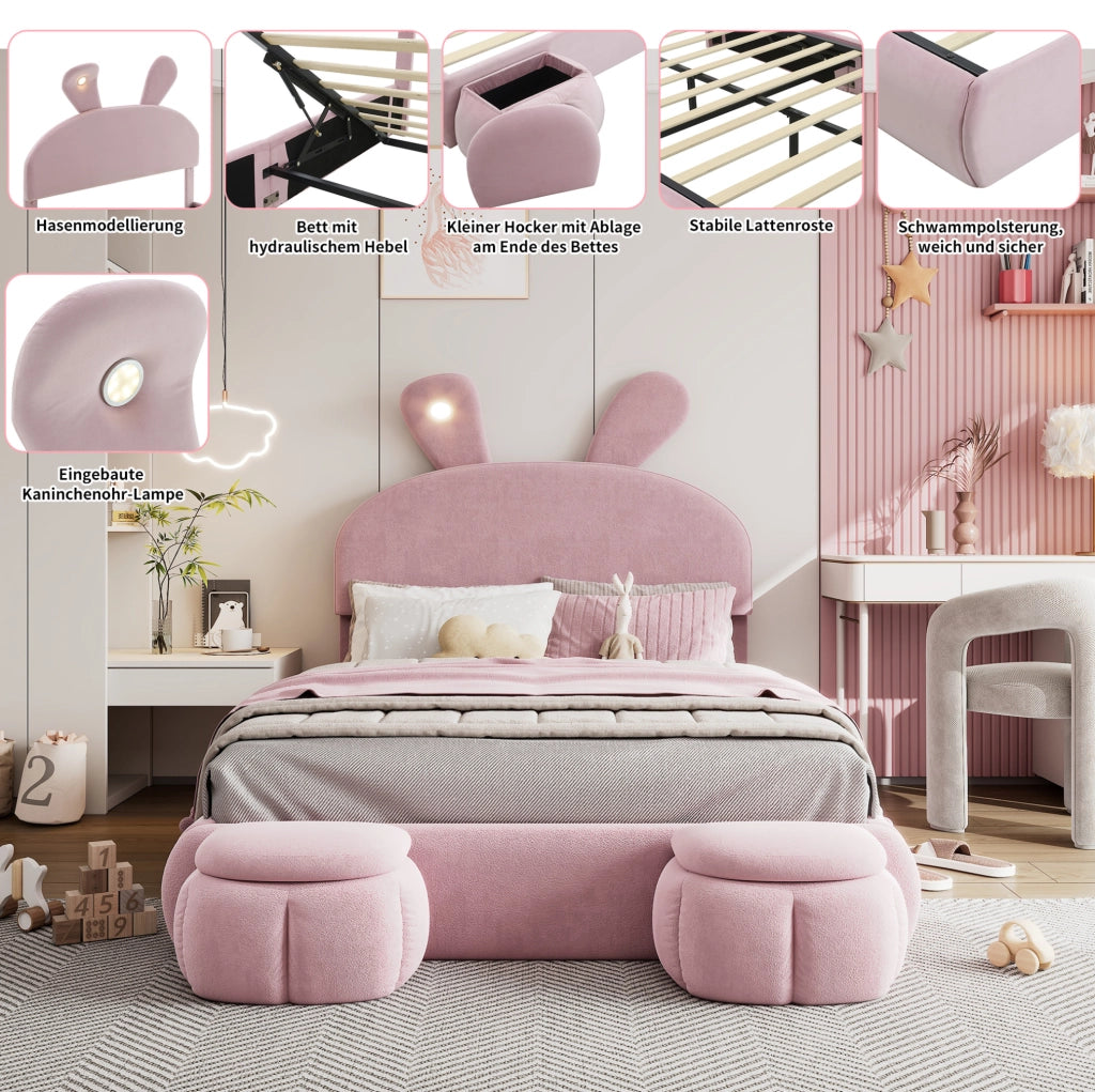 Letto imbottito con testiera a forma di coniglio, luce LED e contenitore idraulico