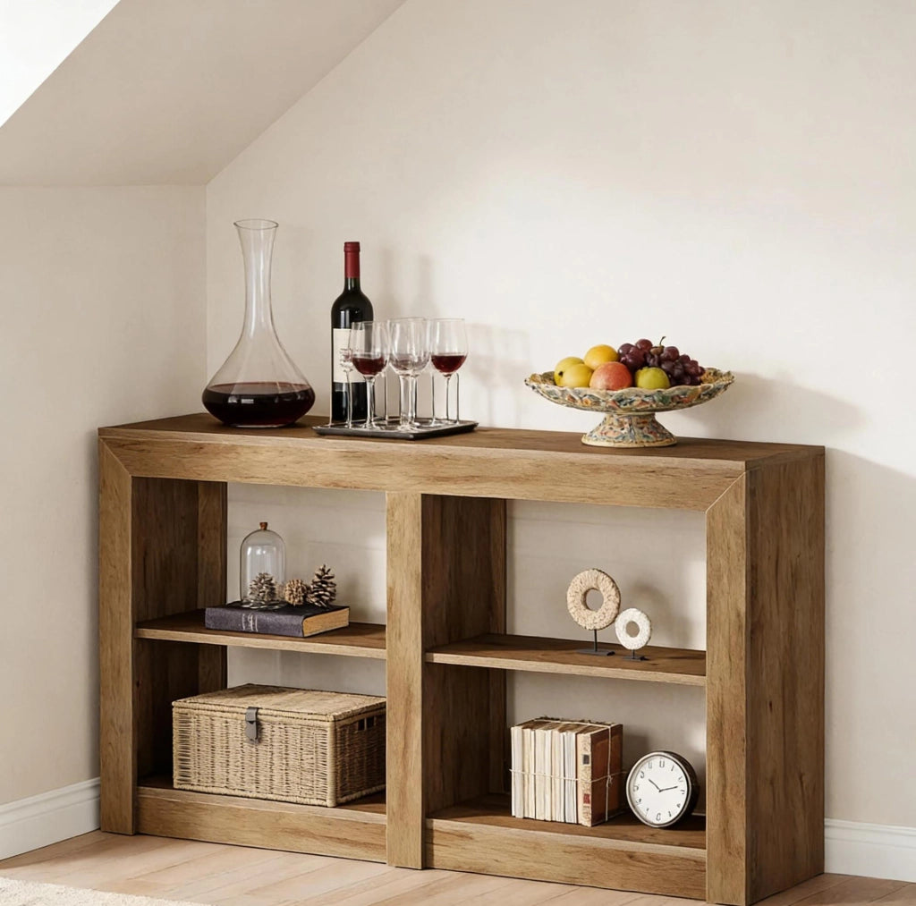 Tavolo consolle 150x35x85 cm con 3 ripiani aperti e 4 vani in MDF marrone