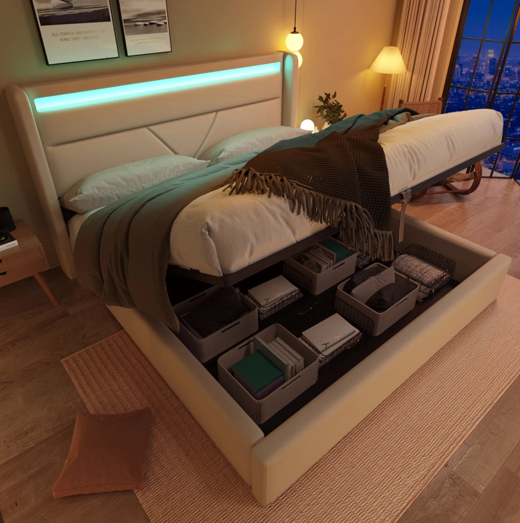 Letto contenitore idraulico imbottito 160x200 cm con luci LED e telecomando, bianco, struttura in PU