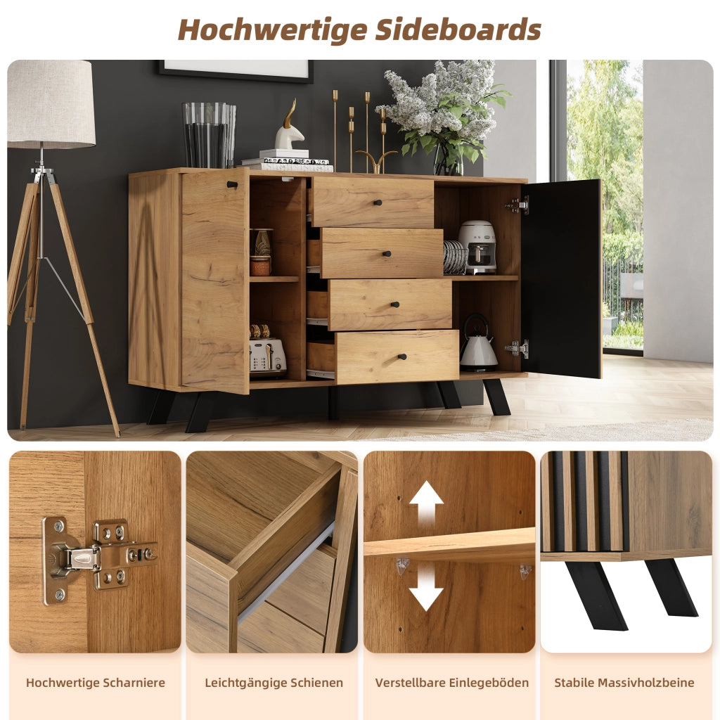 CREDENZA 120x38x75 cm MDF Nero e Legno con 4 Cassetti e 2 Ante