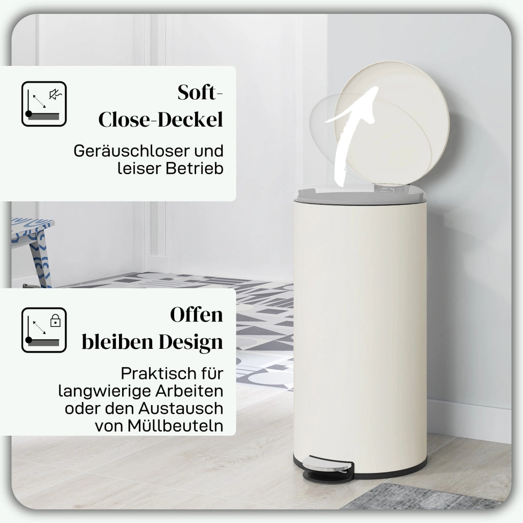 Pattumiera a pedale da 30 l con coperchio a chiusura silenziosa e secchio interno color avorio per cucina e ufficio