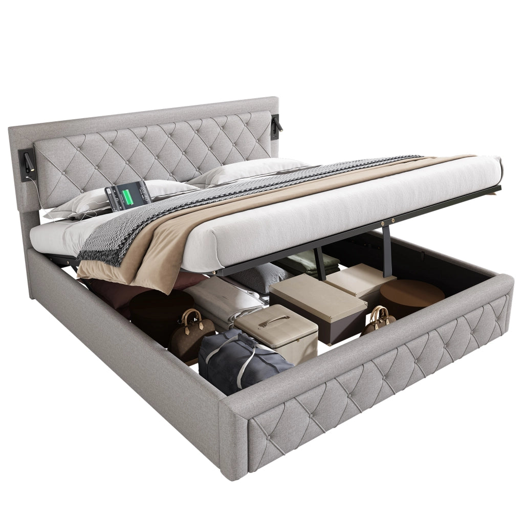 Letto contenitore idraulico imbottito in lino grigio con testiera trapuntata LED e porte USB