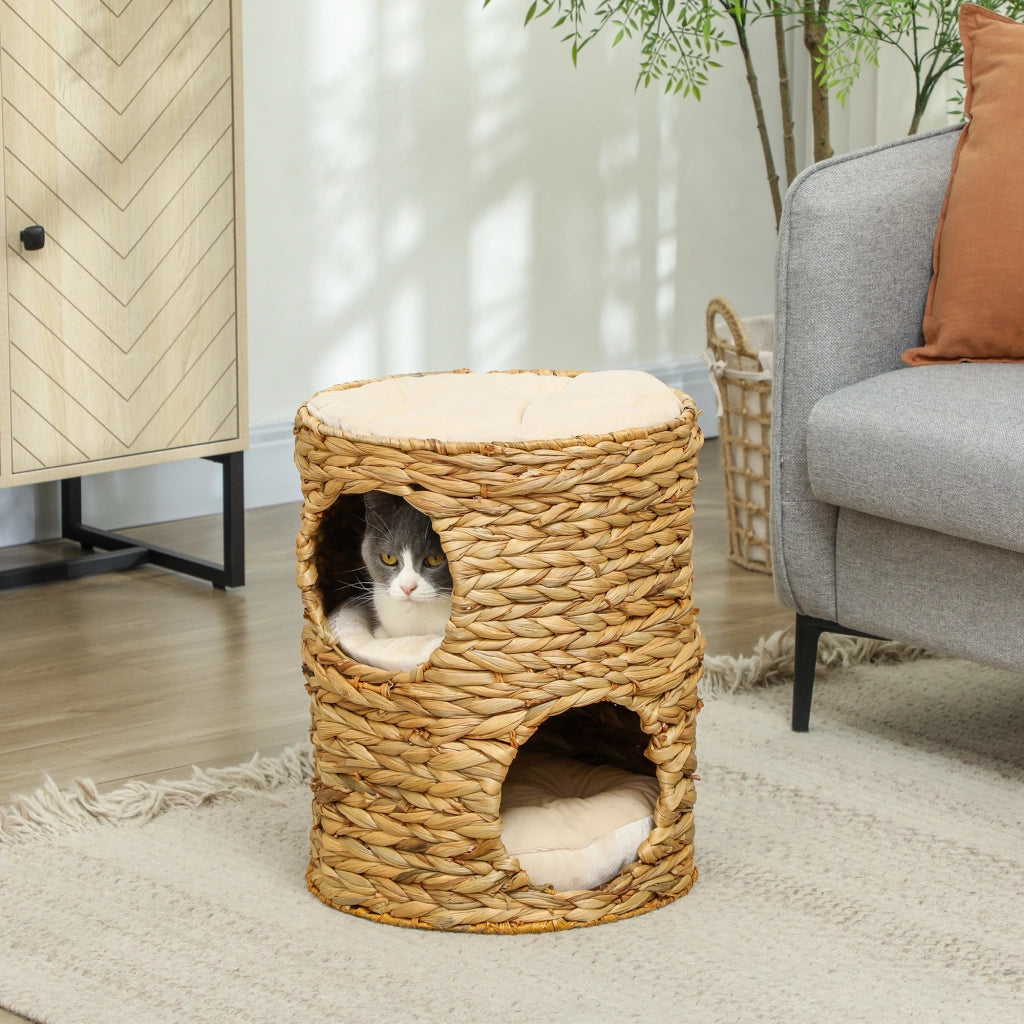 Tiragraffi a botte per gatti 50 cm in giacinto d'acqua marrone chiaro con 2 nicchie e cuscino cuccia robusto