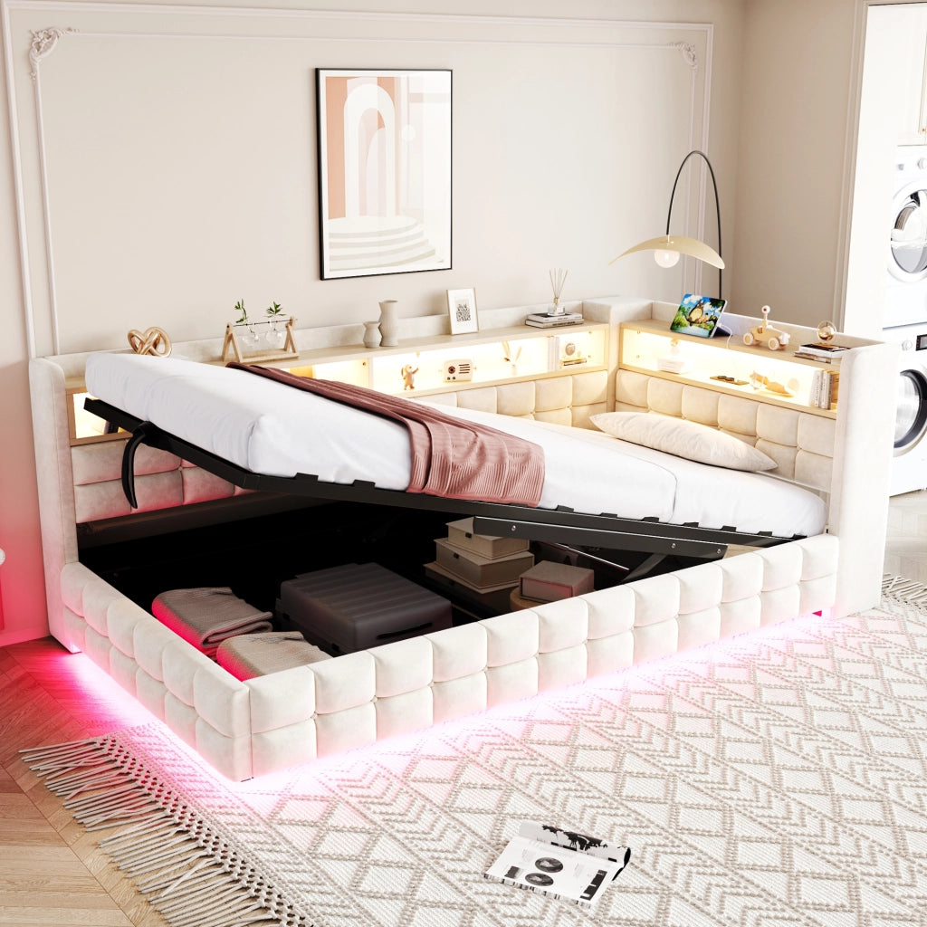 Divano letto 90 × 200 cm con vano contenitore idraulico LED prese USB e Tipo C rivestito in velluto beige
