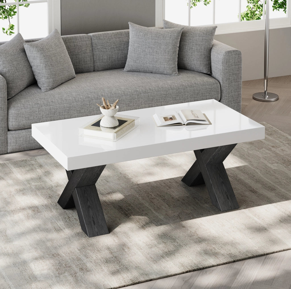 Tavolino da salotto rettangolare 100x50x40 cm in MDF bianco e nero; finitura lucida