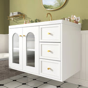 Mobiletto con lavabo sospeso in MDF bianco con 2 cassetti anta in vetro ondulato e ripiani regolabili