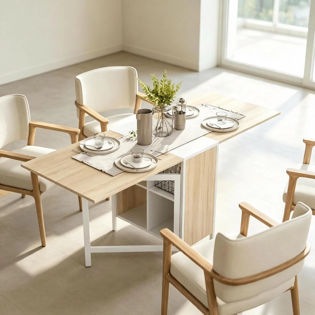Tavolo allungabile pieghevole con 4 vani contenitore in MDF e acciaio per cucina e soggiorno bianco rovere
