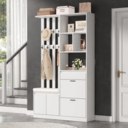 Guardaroba da ingresso bianco in mdf 120x30x200 cm; mobile ingresso con panca imbottita; scarpiera a ribalta e 10 ganci