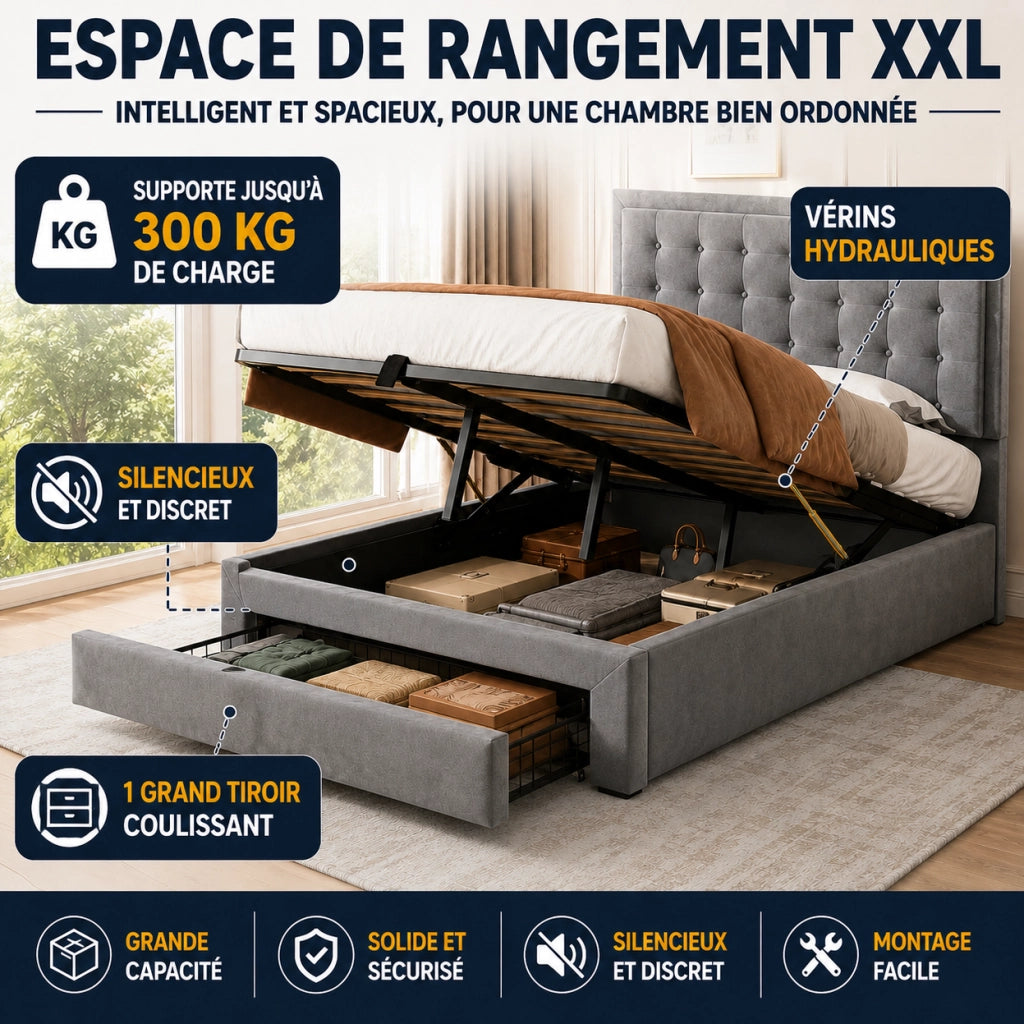 Letto matrimoniale imbottito in velluto beige 180x200 cm con contenitore e cassetti YEAVIO