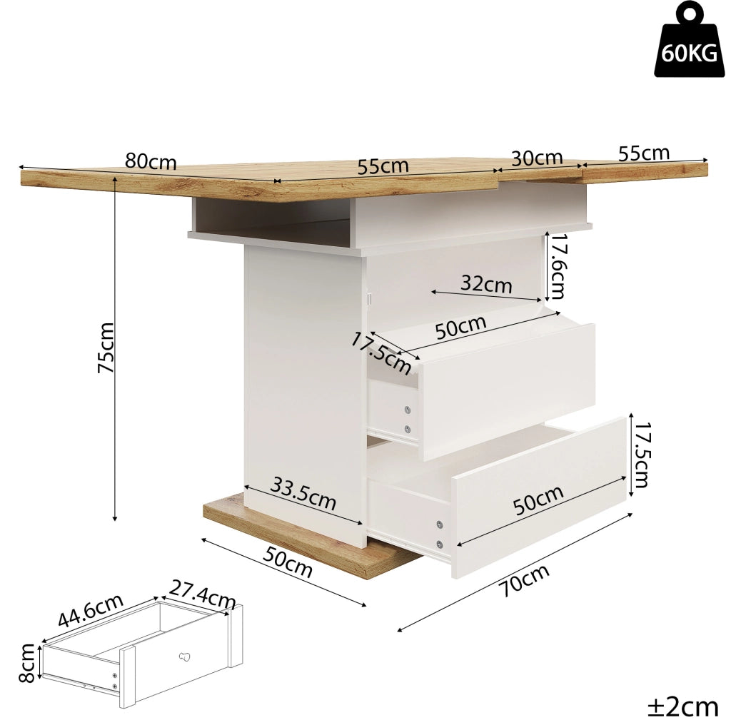 Tavolo da pranzo estensibile 110-140x80 cm in MDF bianco e naturale, 4-6 posti