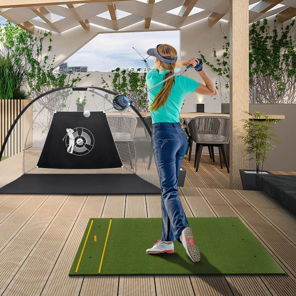 Tappeto golf con 2 punte da golf 2 aste di allineamento 6 fori preforati per le punte, Tappeto in erba sintetica 152x117x2cm-Golf