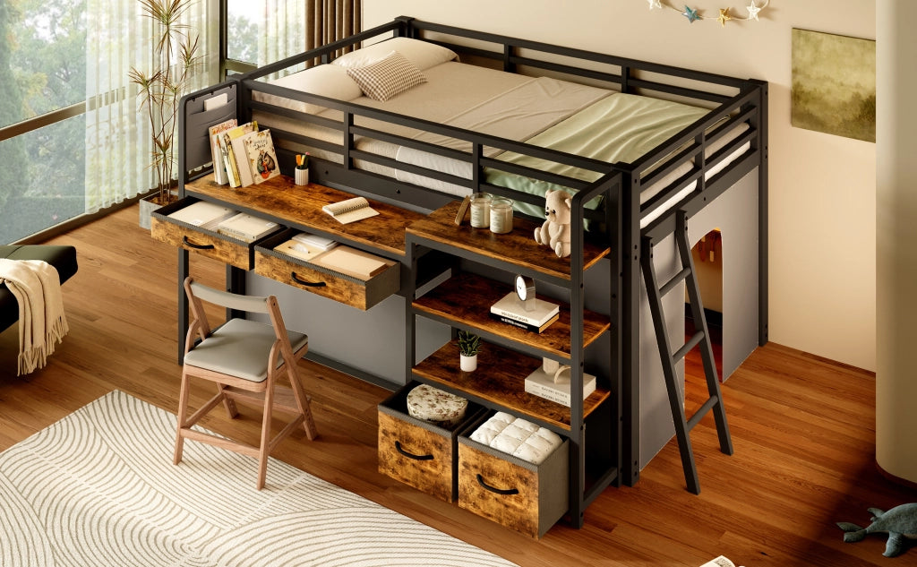 Letto a soppalco 140x200 cm in metallo nero con scrivania; cassetti in tessuto; tenda e LED