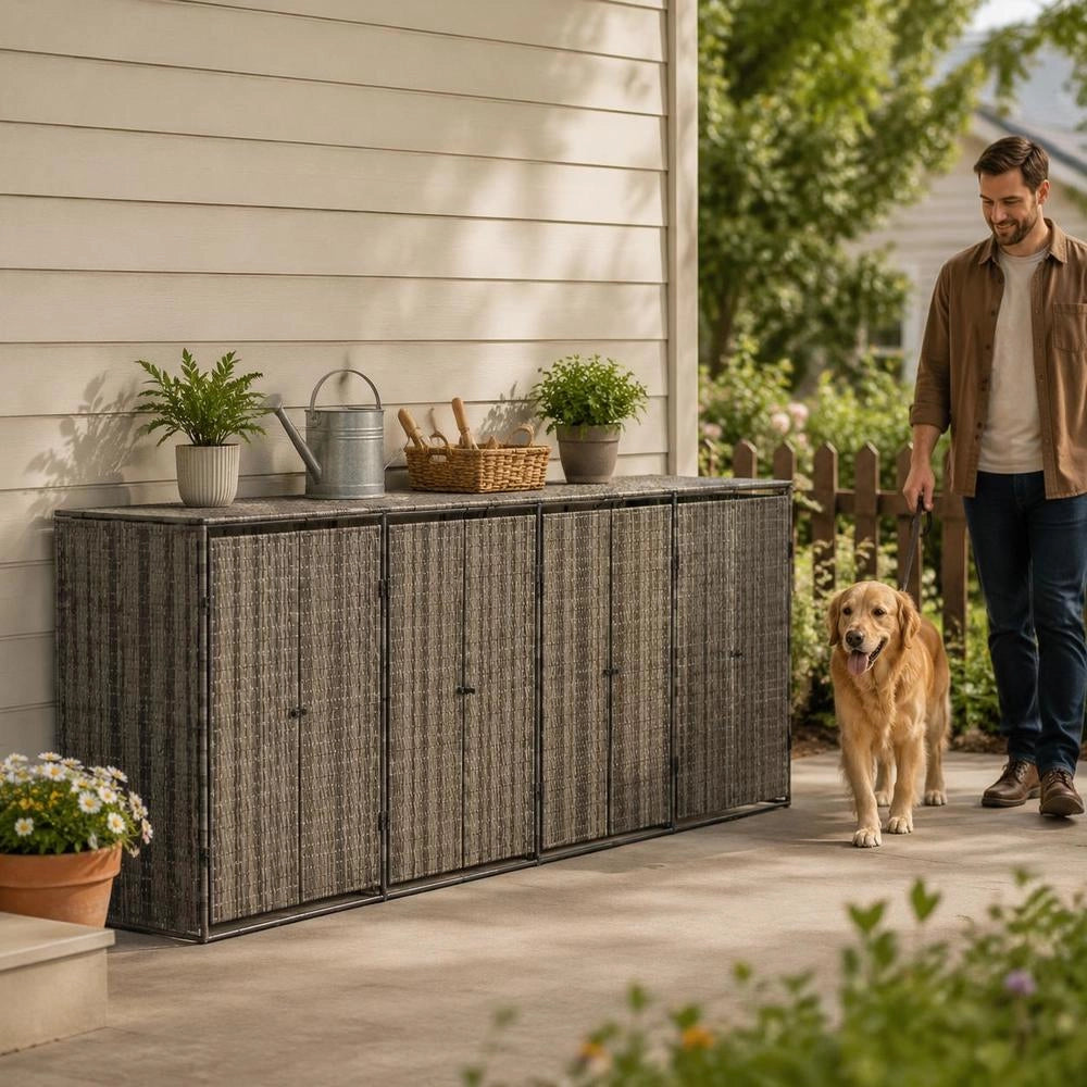 Garbage Can Storage Unit For 4 Bins, Grey, 274x80x117 Cm, Poly Rattan