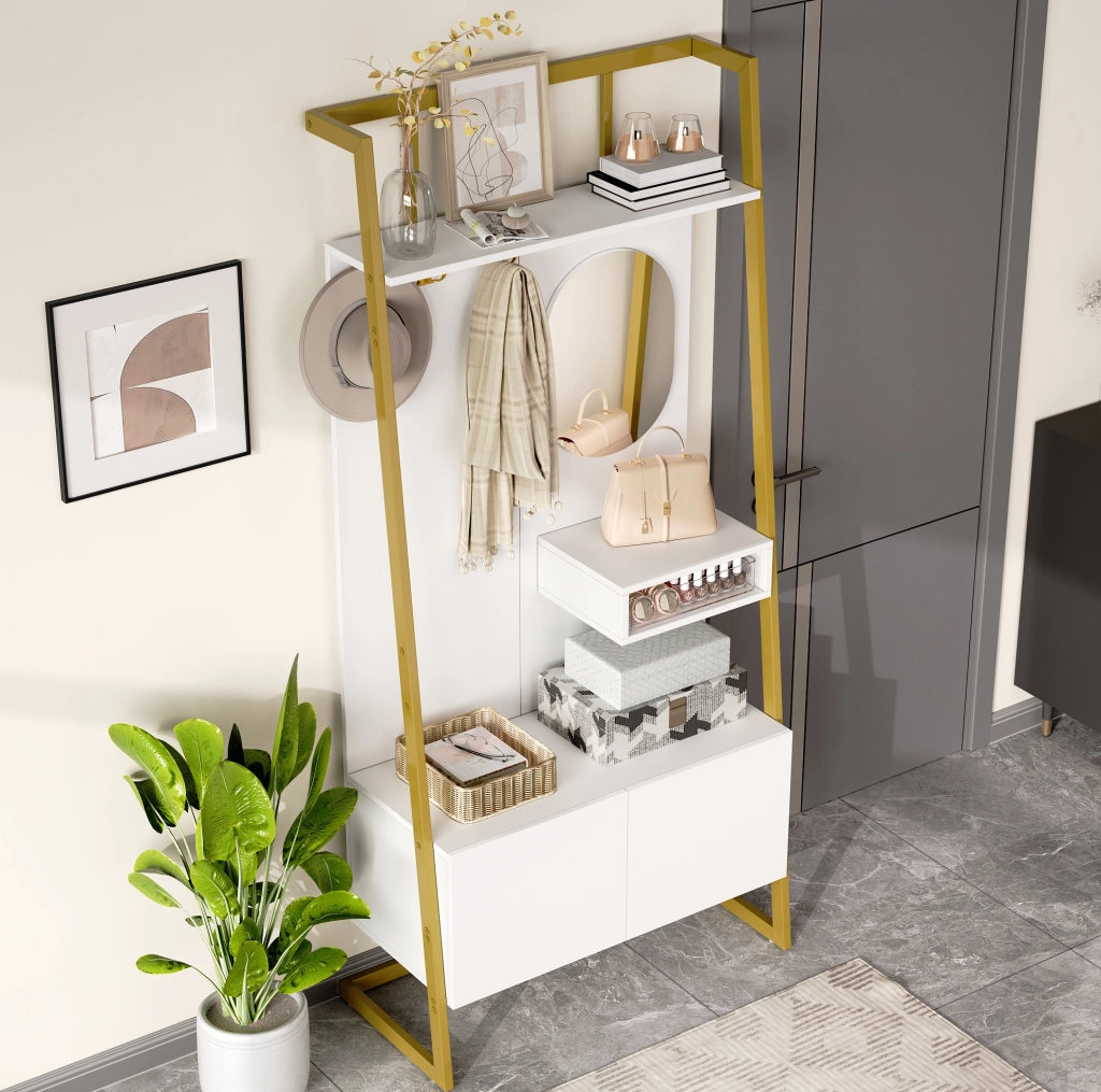 Garderoba compatta bianca con specchio, appendiabiti in metallo e vano porta scarpe, design minimalista per ingresso