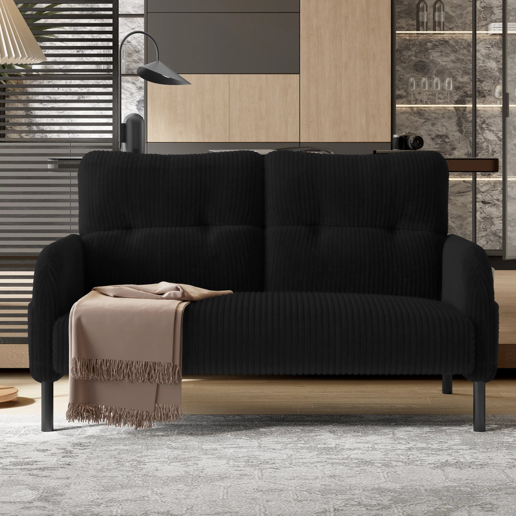 Divano 2 posti 120x75x79 cm con tasca laterale; schienale ergonomico e piedi in metallo; velluto a coste nero