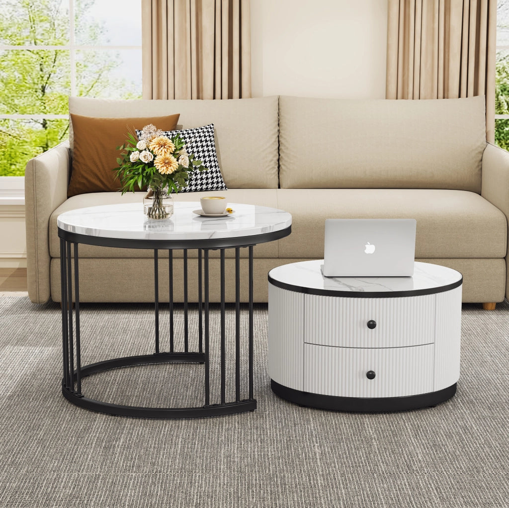Set di 2 tavolini da caff¨¨ rotondi con 2 cassetti in MDF bianco e nero
