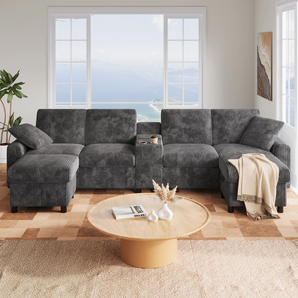 Divano a U in velluto a coste grigio 315 cm 4 posti con due pouf