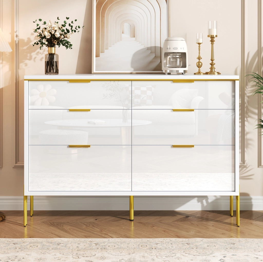 Credenza moderna bianco e oro con 6 cassetti