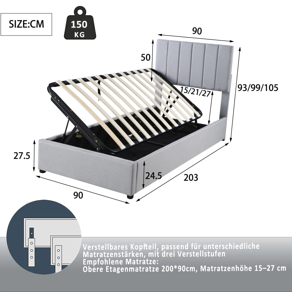 Letto contenitore 90 × 200 cm imbottito con vano idraulico testiera regolabile rivestito in tessuto di lino grigio
