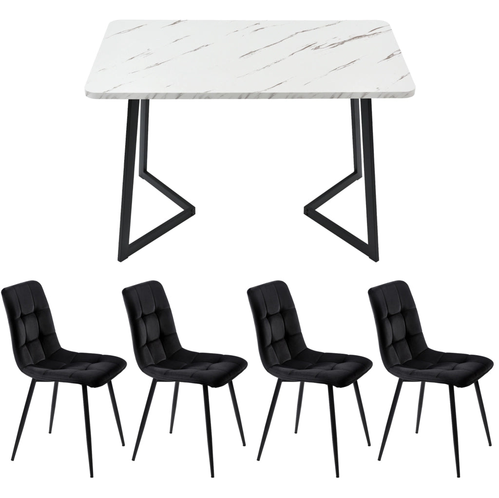 Set tavolo da pranzo rettangolare con 4 sedie nere in velluto