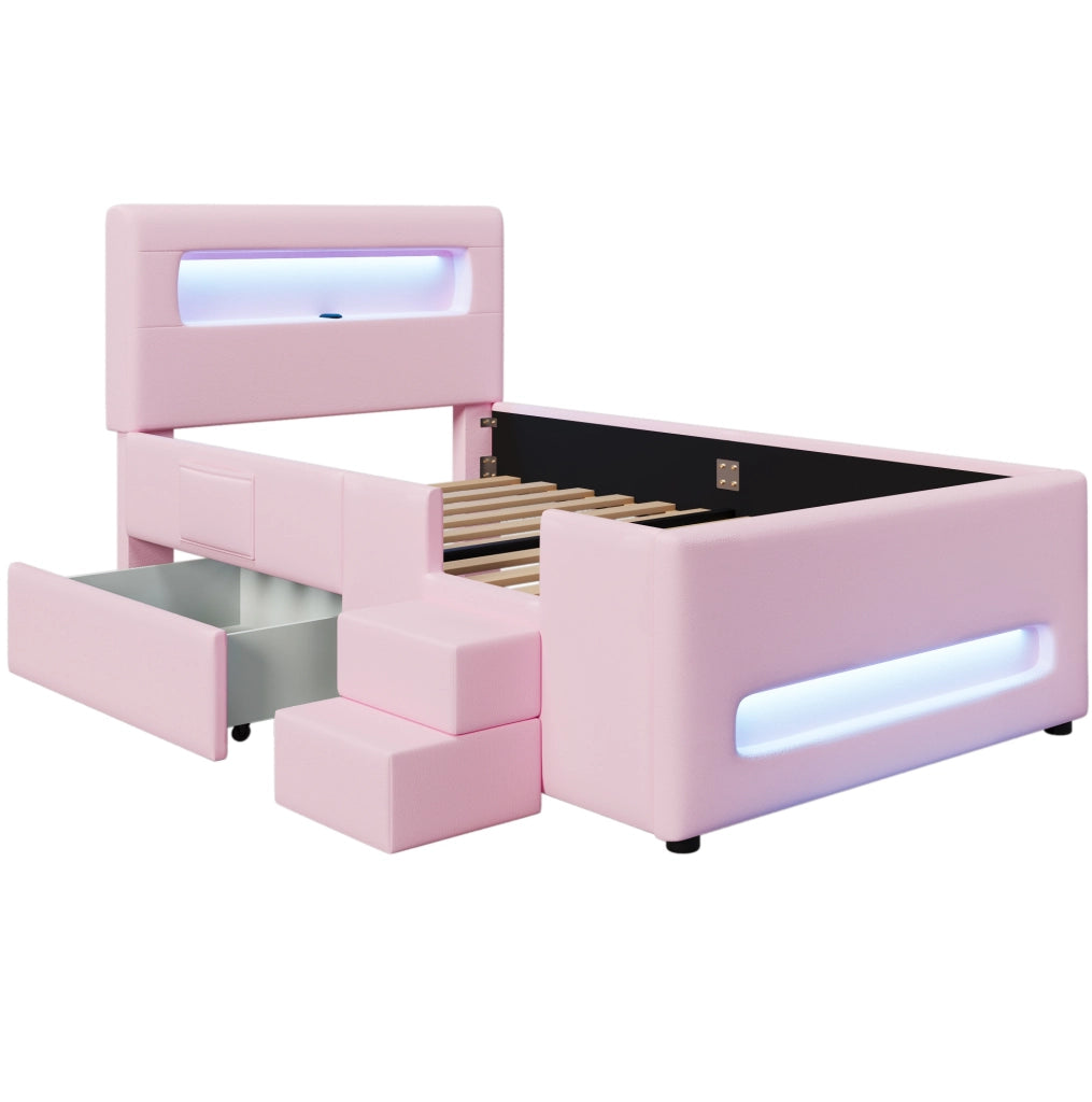 Letto imbottito 90x200 cm con cassetto estraibile e LED in PU e MDF rosa