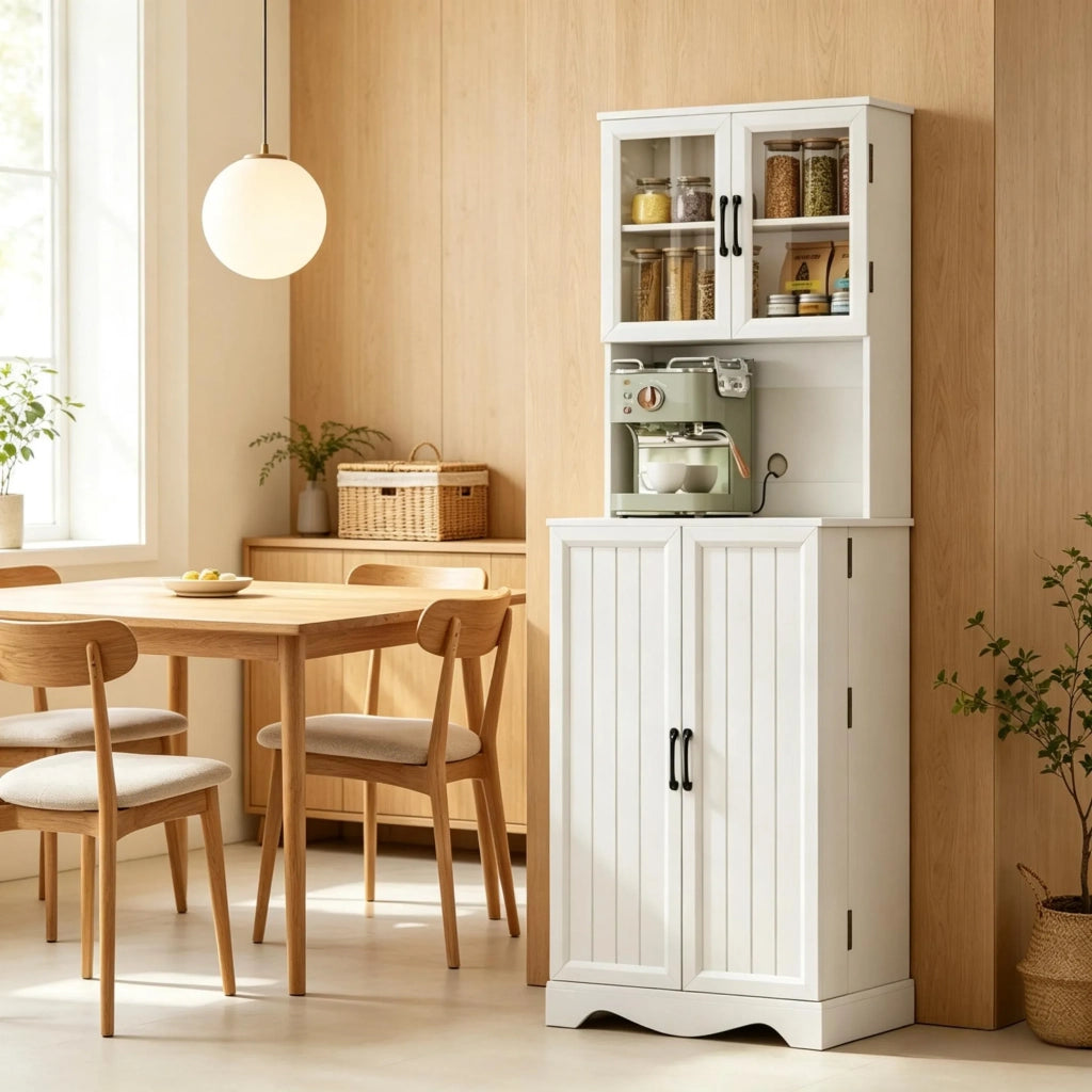Alta Credenza da Cucina con 4 Ante, Piano di Lavoro e Ripiani Regolabili, 8 Portaspezie, Mobile Contenitore Pratico per la Cucina