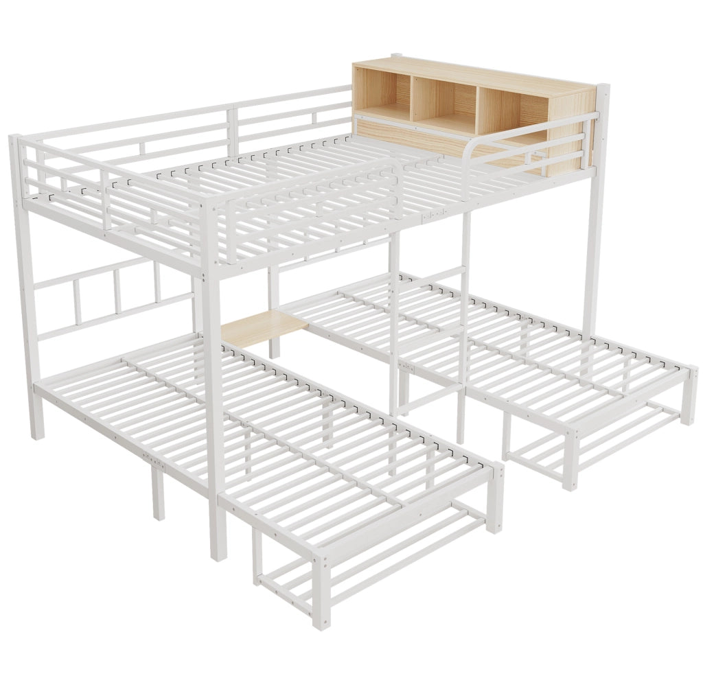 Letto a castello in metallo bianco 140x200/90x200 cm con 3 posti letto, scaffale aperto e portascarpe
