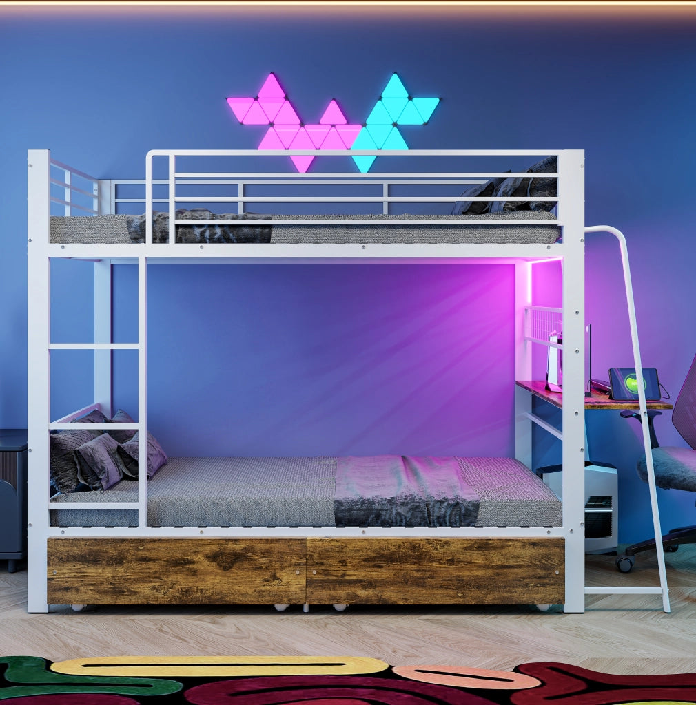 Letto a Soppalco 90x200 cm, con Cassetti - in MDF e Metallo - Nero e Noce Scuro