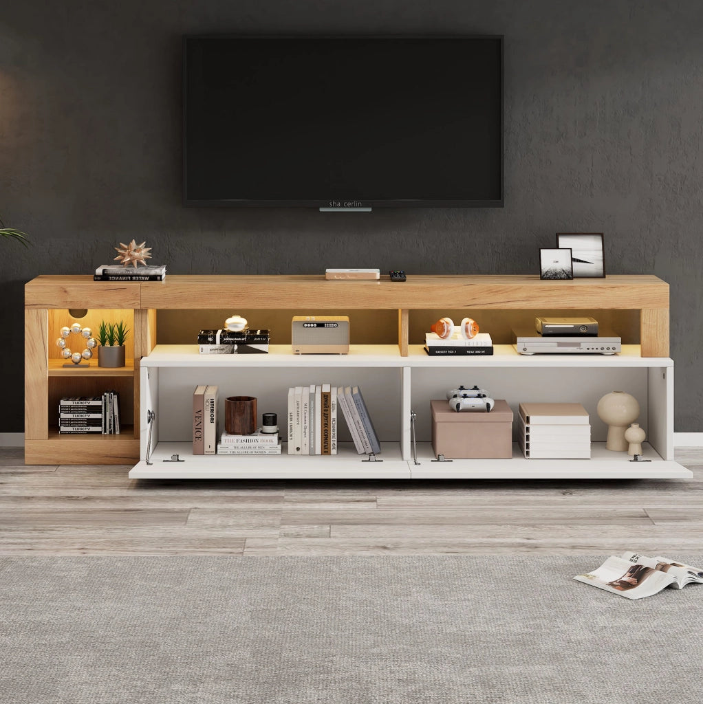 Mobile TV moderno 184x42x58 cm con LED; finitura bianco e legno; in truciolare