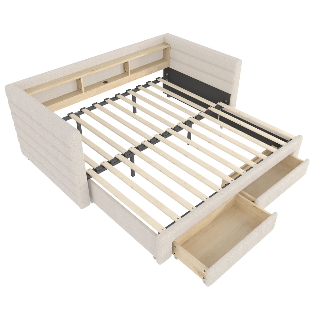 Divano letto estraibile 90x190 cm con LED, USB e USB-C in velluto beige