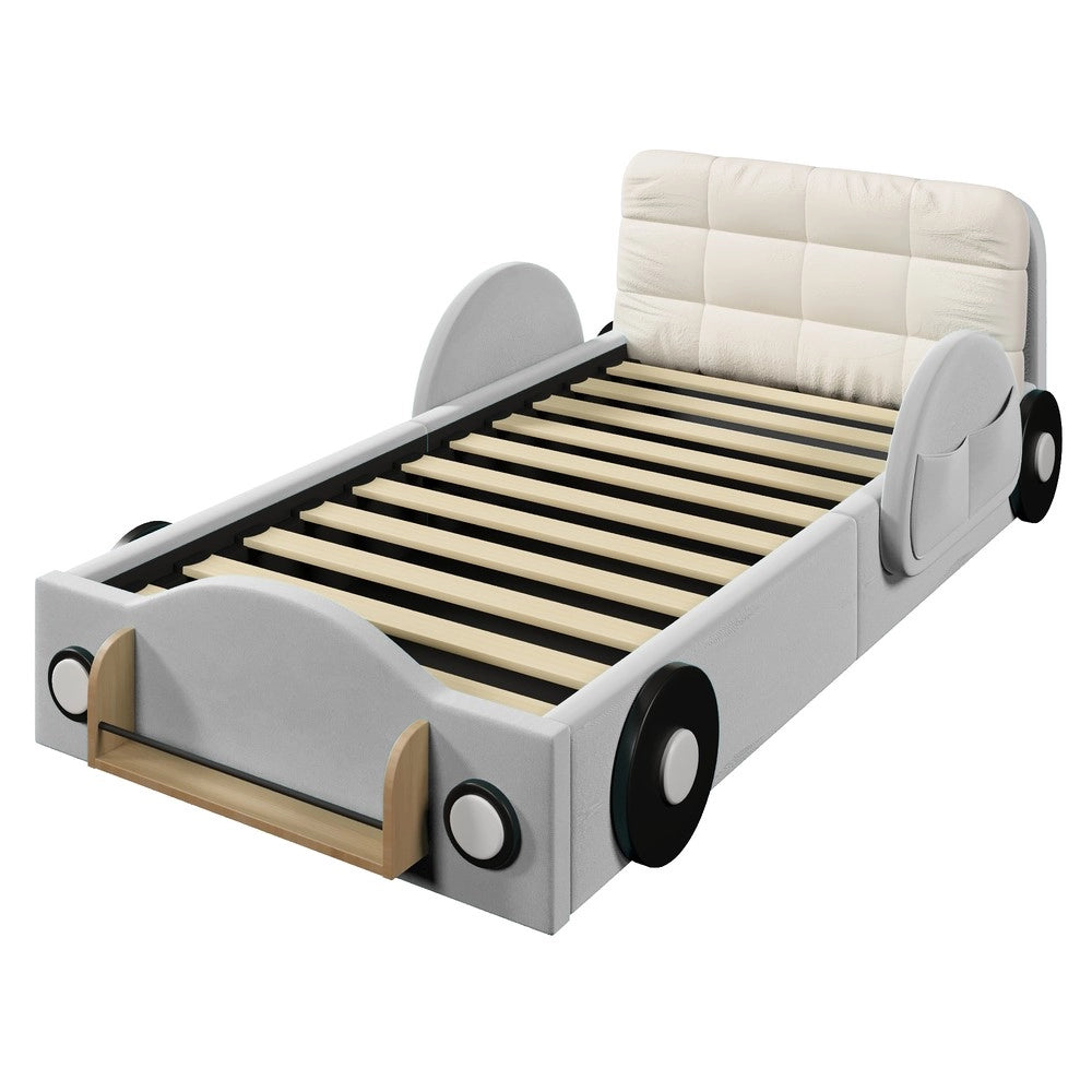 Letto imbottito contenitore 90x200 ¨C Minimal ¨C Velluto grigio idraulico con tasche laterali e vano libri