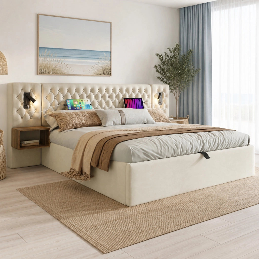 Letto contenitore 160 x 200 cm con comodini, luci e ricarica