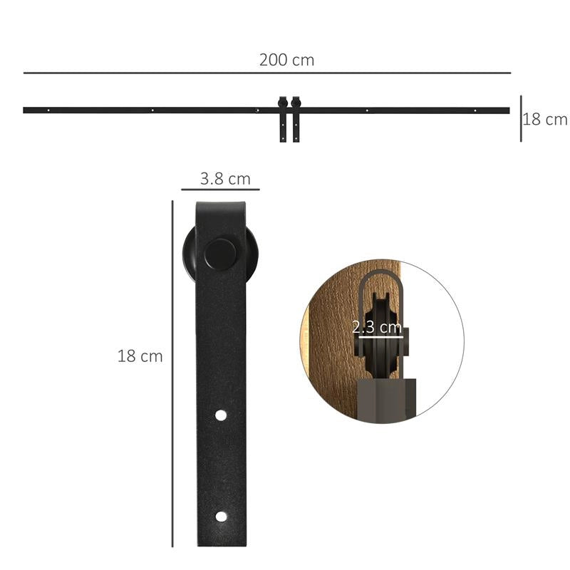 KIT PER PORTA SCORREVOLE IN LEGNO CON BINARIO 200CM E PORTATA 20KG, NERO