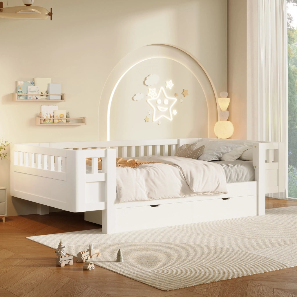 Letto per bambini 90 × 200 cm con barriera alta e 2 cassetti estraibili, senza materasso, in legno massello e MDF bianco
