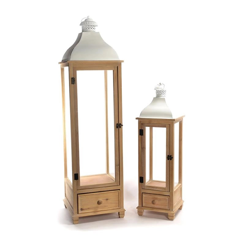 SET DI 2 LANTERNE DA ARREDO INTERNO ESTERNO IN LEGNO NATURALE E METALLO BIANCO CON CASSETTO DI DESIGN - (30X30XH.113CM)- ( 22X22XH.75.5CM)