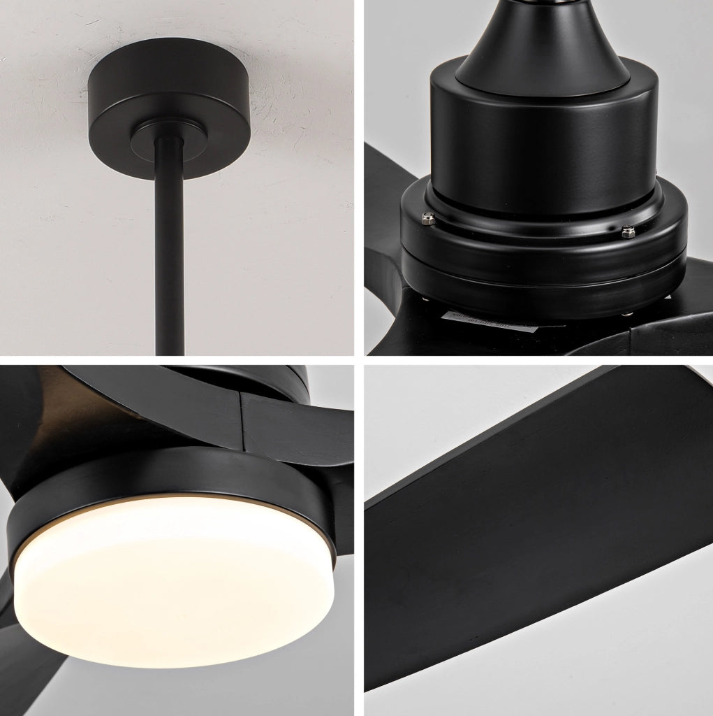 Ventilatore da soffitto 52" in legno massiccio con pale nere, illuminazione LED dimmerabile e telecomando