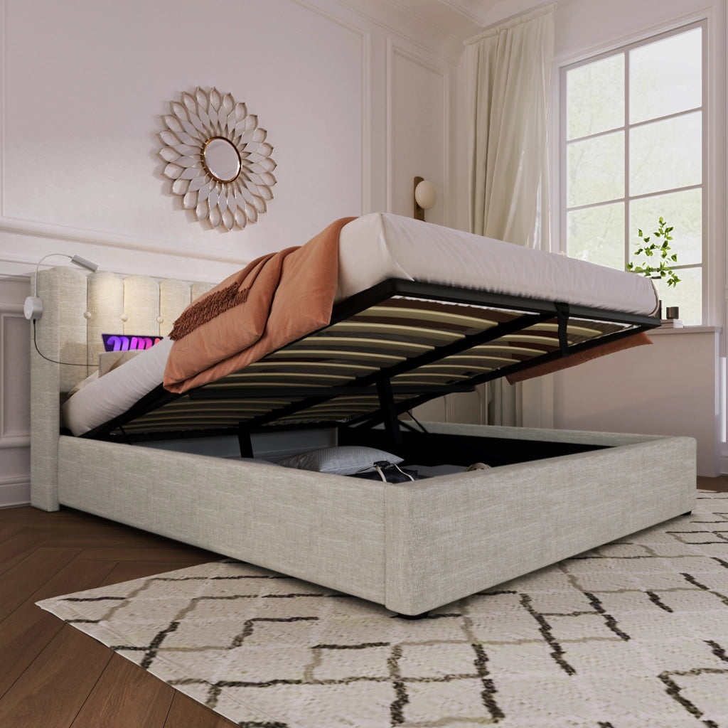 Letto contenitore 160 × 200 cm con testiera imbottita luce da lettura USB rivestito in lino naturale